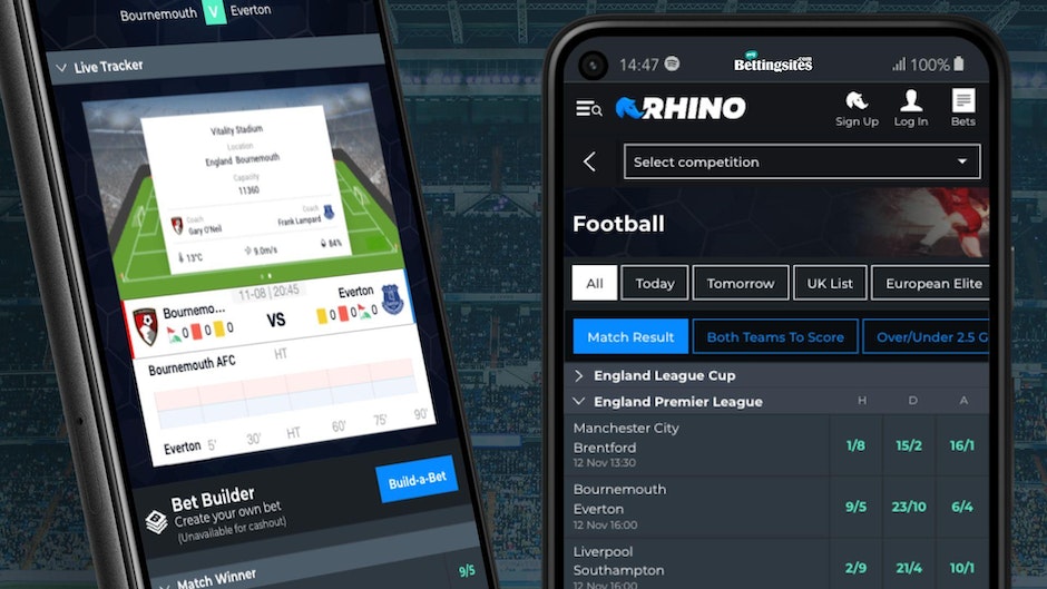 Screenshots of Rhino Bet football markets on Google pixel smartphone
